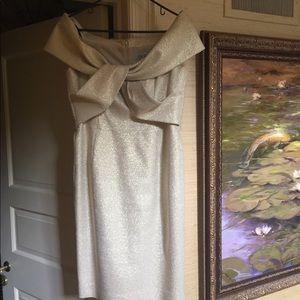 Teri Jon metallic off the shoulder cocktail dress